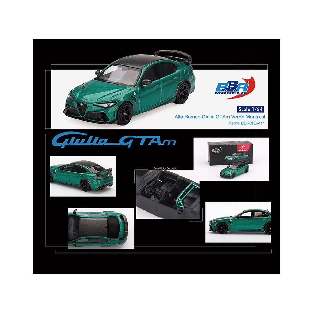 Alfa Romeo Giulia GTAm Verde Montreal Green Metallic with Carbon Top 1/64 Diecast Model Car by BBR-BBR-ModelCars.com