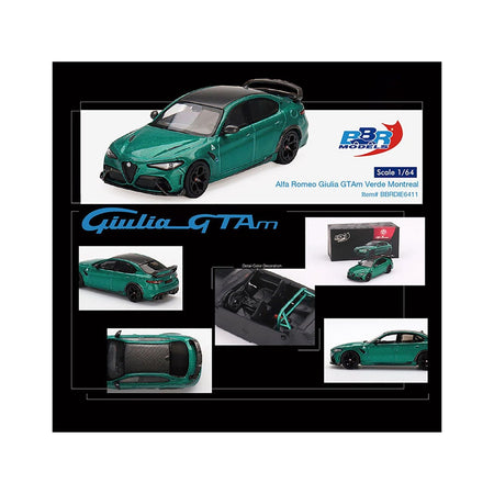 Alfa Romeo Giulia GTAm Verde Montreal Green Metallic with Carbon Top 1/64 Diecast Model Car by BBR-BBR-ModelCars.com