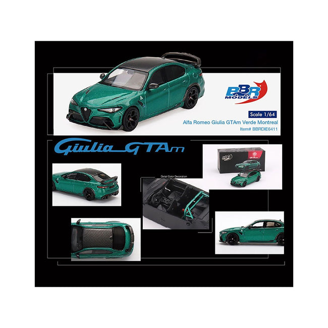 Alfa Romeo Giulia GTAm Verde Montreal Green Metallic with Carbon Top 1/64 Diecast Model Car by BBR-BBR-ModelCars.com
