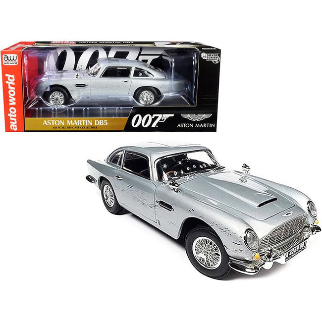 Aston Martin DB5 Coupe RHD (Right Hand Drive) Silver Birch Metallic (Damaged Version) James Bond 007 "No Time to Die" (2021) Movie "Silver Screen Machines" Series 1/18 Diecast Model Car by Auto World-Autoworld-ModelCars.com