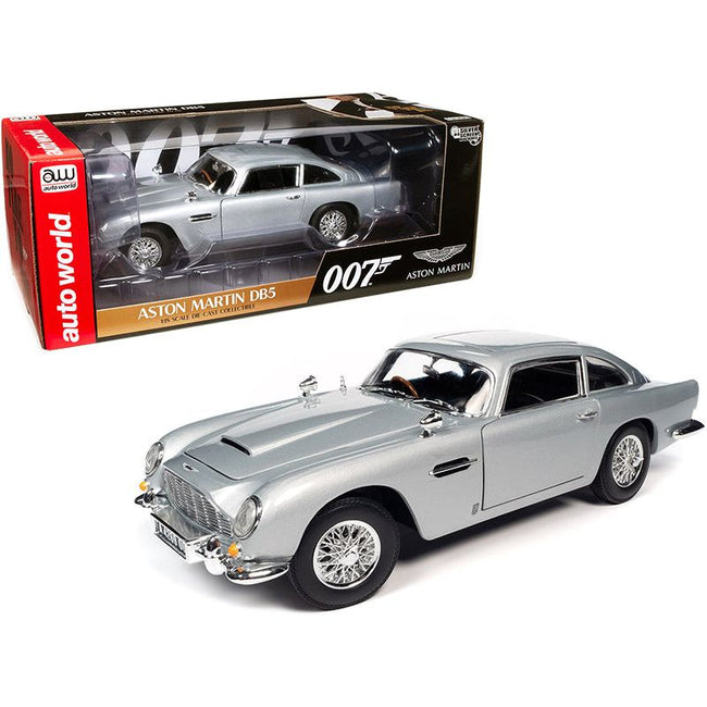 Aston Martin DB5 Coupe RHD (Right Hand Drive) Silver Birch Metallic (James Bond 007) "No Time to Die" (2021) Movie "Silver Screen Machines" Series 1/18 Diecast Model Car by Auto World-Autoworld-ModelCars.com