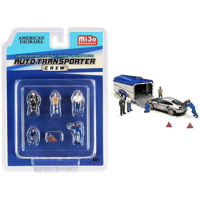 "Auto Transporter Crew" Diecast Set of 7 pieces (5 Figurines and 2 Warning Triangles) for 1/64 Scale Models by American Diorama - American Diorama - ModelCars.com