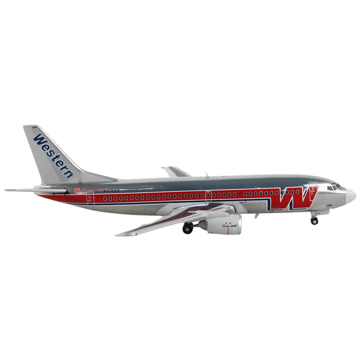 Boeing 737-300 Commercial Aircraft "Western Airlines" Silver with Red Stripes 1/400 Diecast Model Airplane by GeminiJets-GeminiJets-ModelCars.com