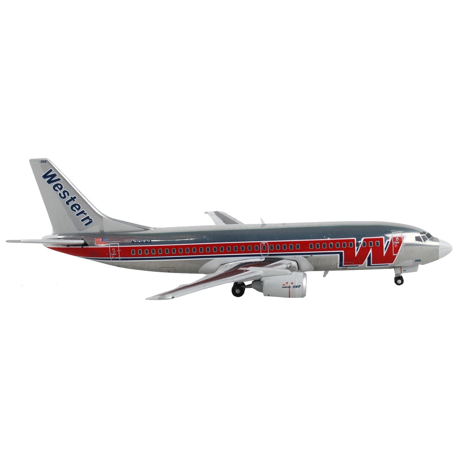 Boeing 737 - 300 Commercial Aircraft "Western Airlines" Silver with Red Stripes 1/400 Diecast Model Airplane by GeminiJets - GeminiJets - ModelCars.com