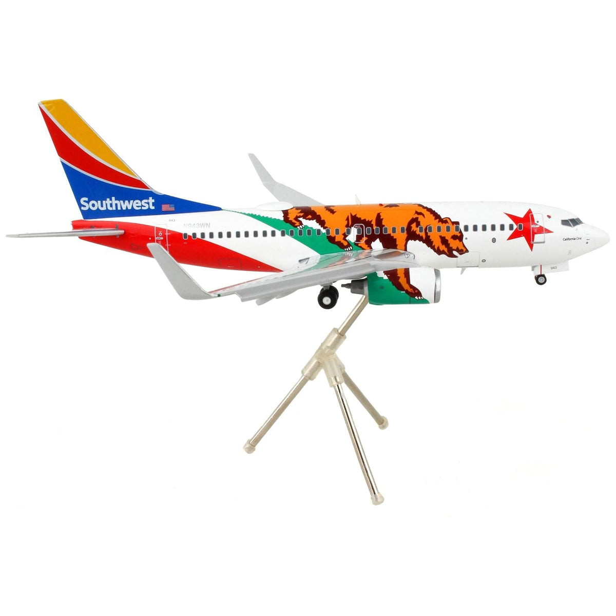 Boeing 737-700 Commercial Aircraft with Flaps Down "Southwest Airlines - California One" California Flag Livery "Gemini 200" Series 1/200 Diecast Model Airplane by GeminiJets-GeminiJets-ModelCars.com