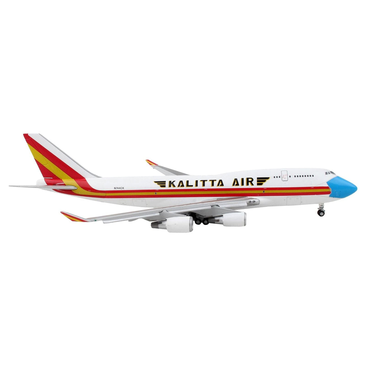 Boeing 747-400F Commercial Aircraft with Flaps Down "Kalitta Air" White with Stripes "Mask" Livery 1/400 Diecast Model Airplane by GeminiJets-GeminiJets-ModelCars.com
