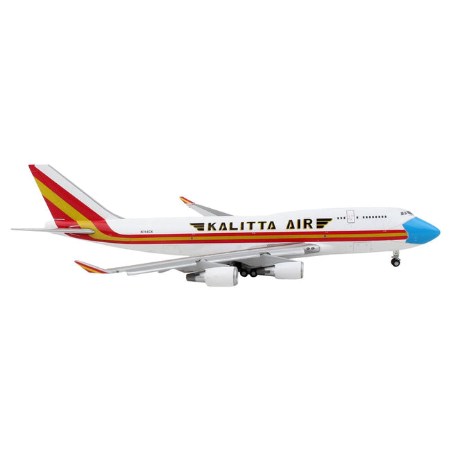 Boeing 747-400F Commercial Aircraft with Flaps Down "Kalitta Air" White with Stripes "Mask" Livery 1/400 Diecast Model Airplane by GeminiJets-GeminiJets-ModelCars.com