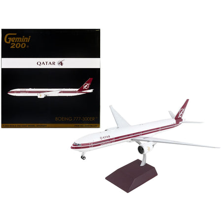 Boeing 777-300ER Commercial Aircraft "Qatar Airways" White with Dark Red Stripes "Gemini 200" Series 1/200 Diecast Model Airplane by GeminiJets-GeminiJets-ModelCars.com