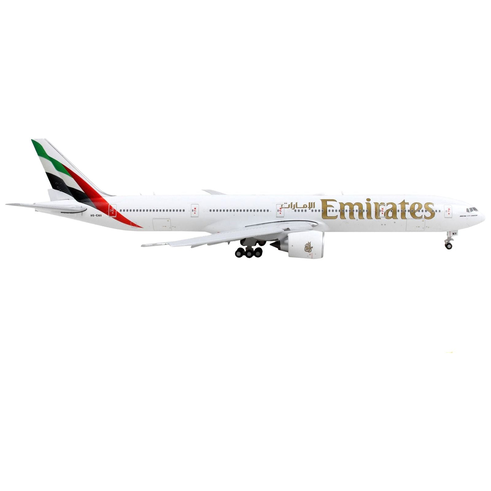 Boeing 777 - 300ER Commercial Aircraft with Flaps Down "Emirates Airlines" White with Tail Stripes 1/400 Diecast Model Airplane by GeminiJets - GeminiJets - ModelCars.com