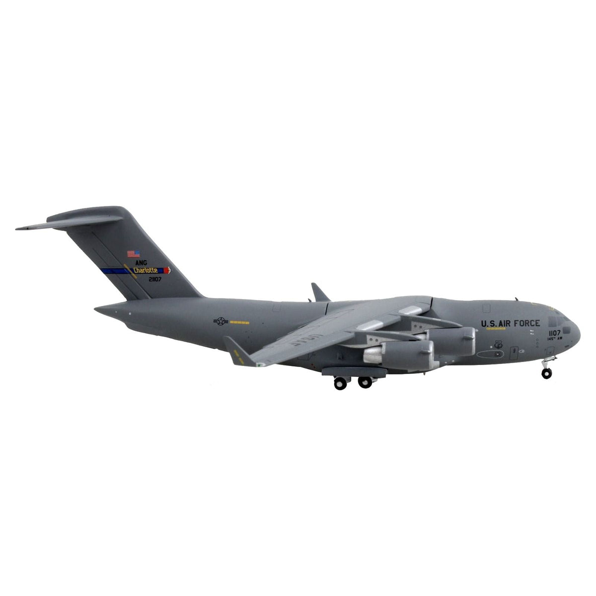 Boeing C - 17 Globemaster III Transport Aircraft "Charlotte Air National Guard - United States Air Force" Gray "Gemini Macs" Series 1/400 Diecast Model Airplane by GeminiJets - GeminiJets - ModelCars.com