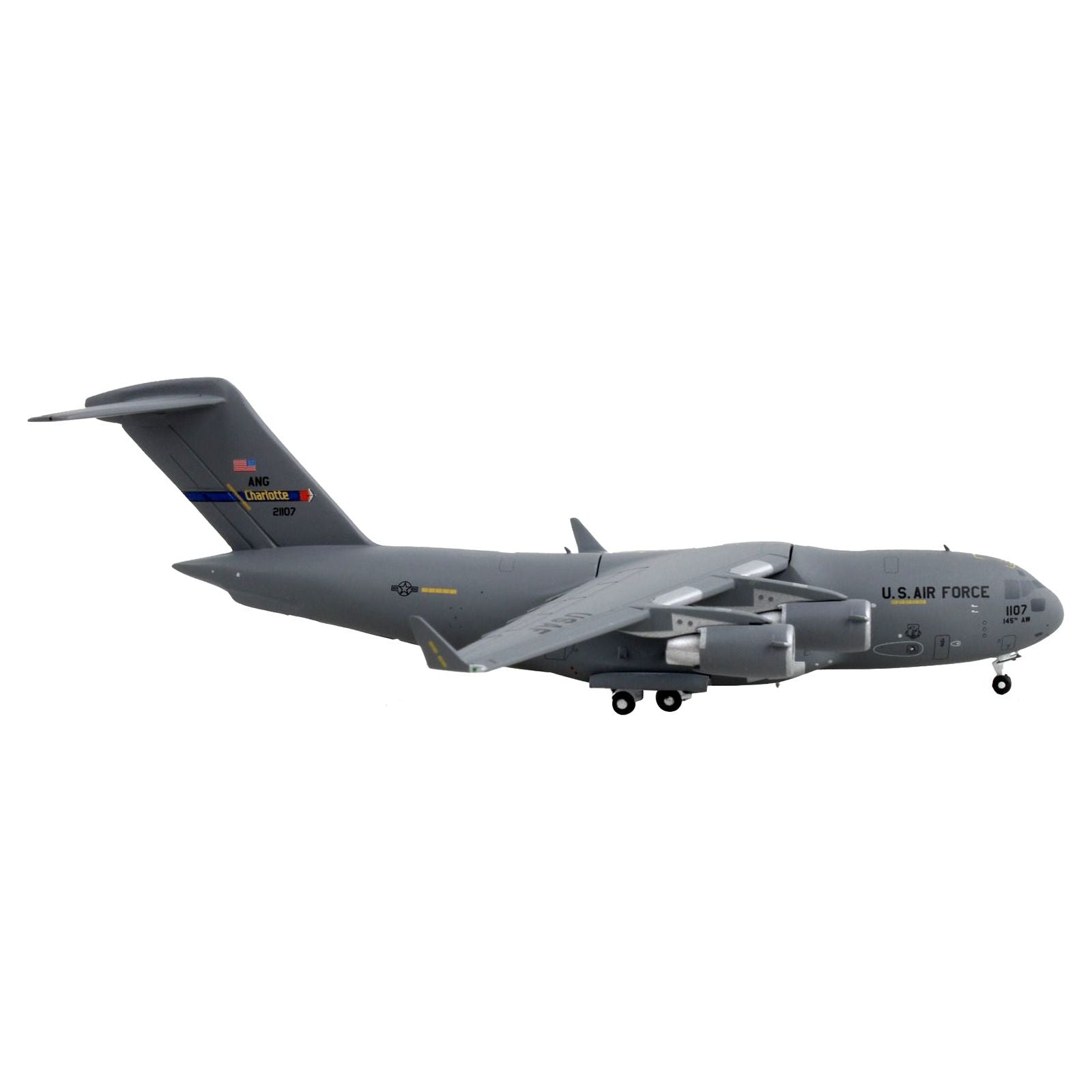 Boeing C - 17 Globemaster III Transport Aircraft "Charlotte Air National Guard - United States Air Force" Gray "Gemini Macs" Series 1/400 Diecast Model Airplane by GeminiJets - GeminiJets - ModelCars.com