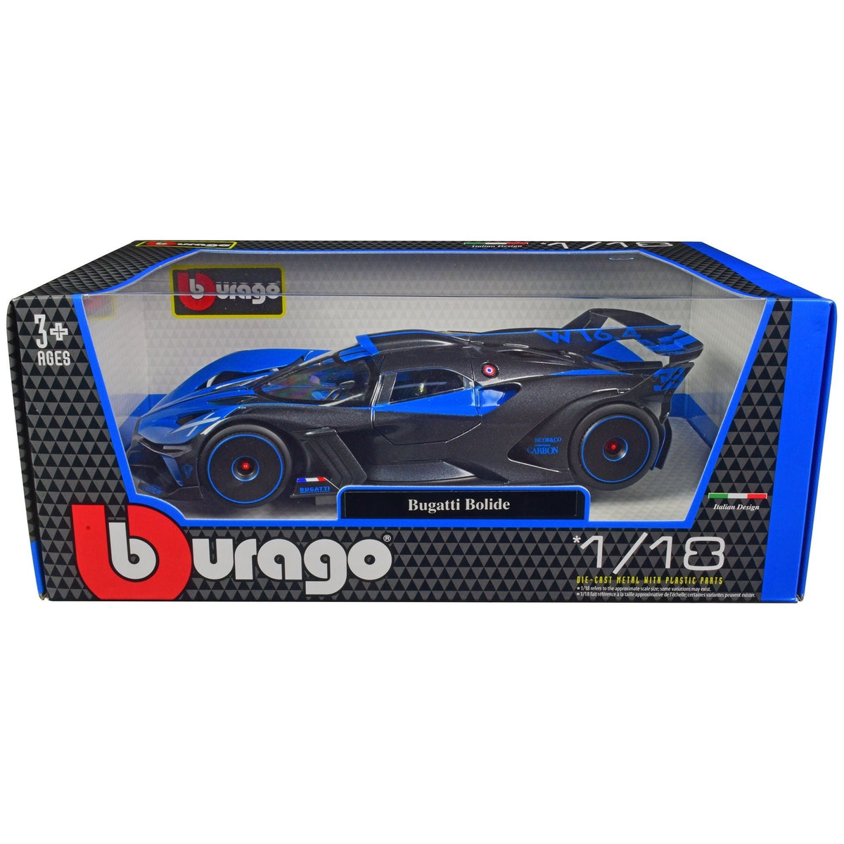 Bugatti Bolide Blue and Carbon Gray 1/18 Diecast Model Car by Bburago-Bburago-ModelCars.com