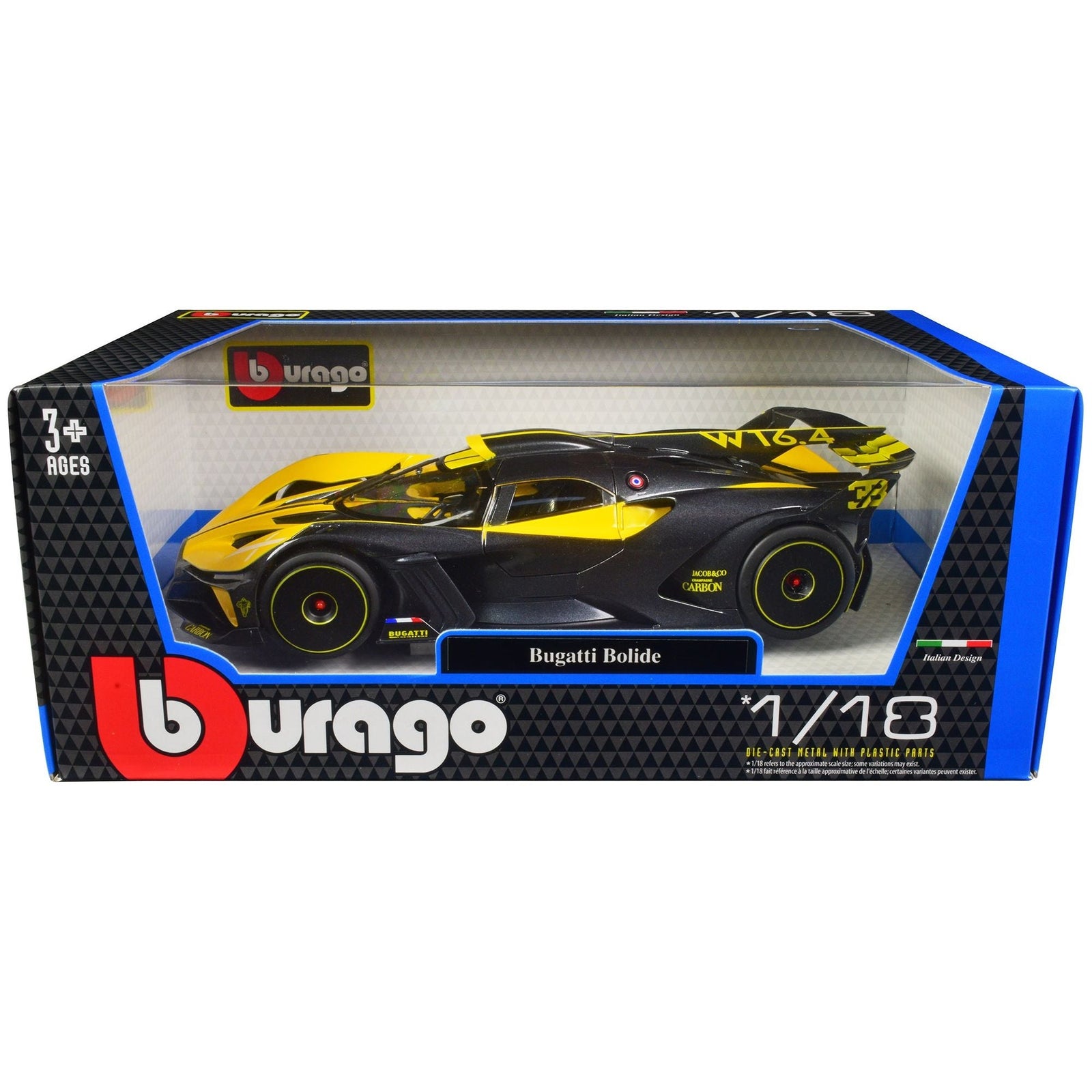 Bugatti Bolide Yellow and Carbon Gray 1/18 Diecast Model Car by Bburago - Bburago - ModelCars.com