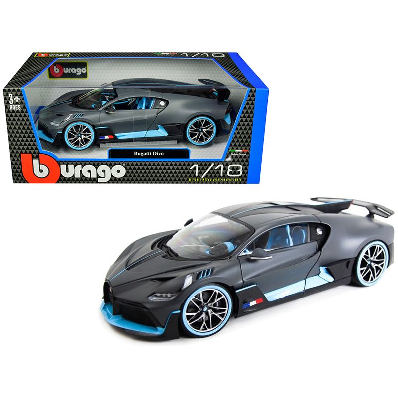 Bugatti Divo Matt Gray with Blue Accents 1/18 Diecast Model Car by Bburago-Bburago-ModelCars.com