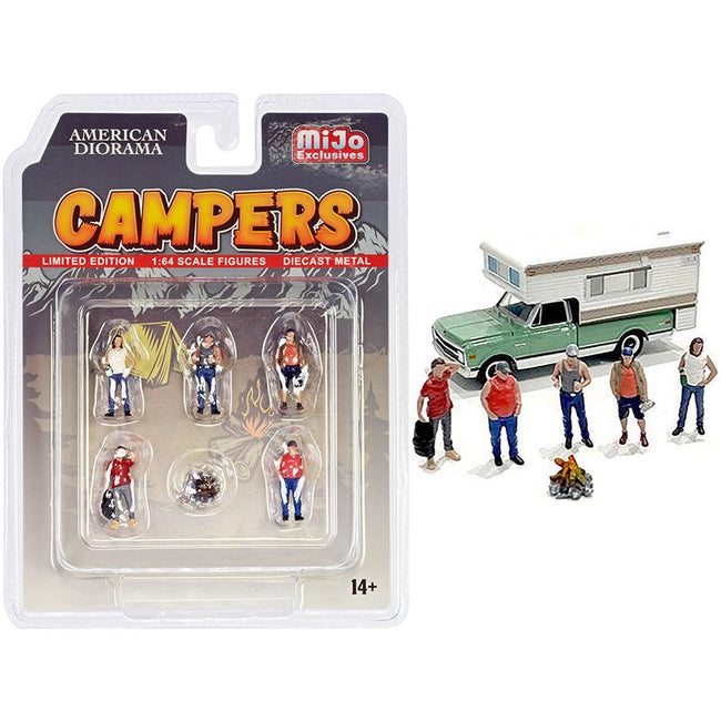 "Campers" 6 piece Diecast Set (5 Figurines and 1 Accessory) for 1/64 Scale Models by American Diorama - American Diorama - ModelCars.com