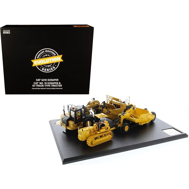 CAT Caterpillar 621K Tractor Scraper and CAT Caterpillar D7 Track-Type Tractor with No. 70 Scraper Set "Evolution Series" 1/50 Diecast Models by Diecast Masters-Diecast Masters-ModelCars.com