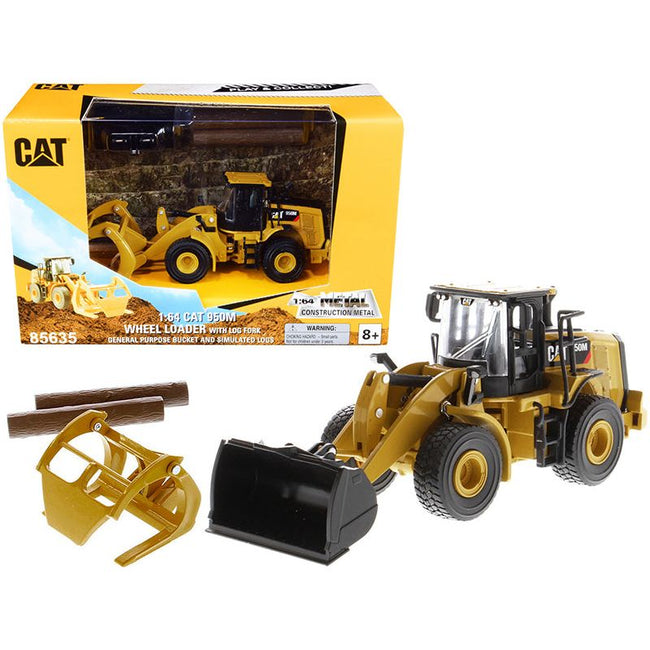 CAT Caterpillar 950M Wheel Loader with Bucket and Log Fork with Two Log Poles "Play & Collect!" 1/64 Diecast Model by Diecast Masters-Diecast Masters-ModelCars.com