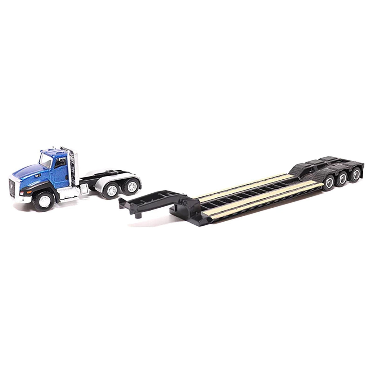 CAT Caterpillar CT660 Day Cab Tractor Blue Metallic with Lowboy Trailer and CAT 315C L Hydraulic Excavator Yellow 1/87 (HO) Diecast Model by Diecast Masters-Diecast Masters-ModelCars.com