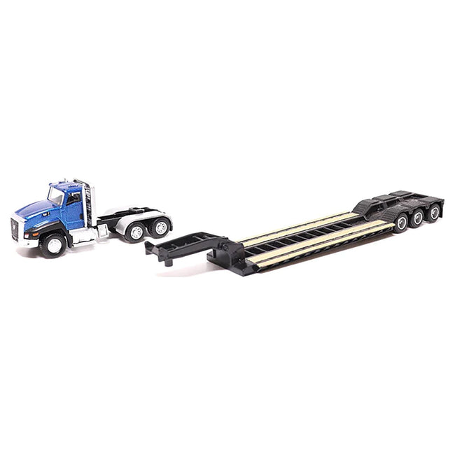 CAT Caterpillar CT660 Day Cab Tractor Blue Metallic with Lowboy Trailer and CAT 315C L Hydraulic Excavator Yellow 1/87 (HO) Diecast Model by Diecast Masters-Diecast Masters-ModelCars.com
