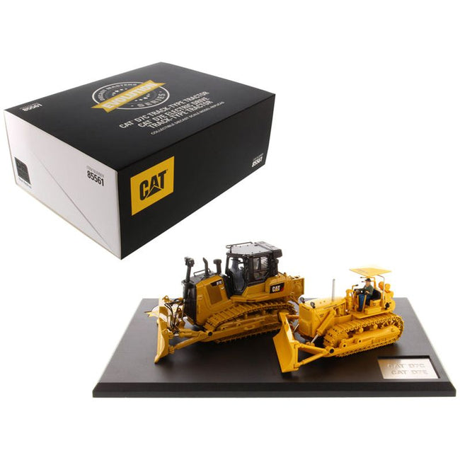 CAT Caterpillar D7C Track Type Tractor (Circa 1955 - 1959) and CAT Caterpillar D7E Electric Drive Track Type Tractor (Current) with Operators "Evolution Series" Set of 2 pieces 1/50 Diecast Models by Diecast Masters - Diecast Masters - ModelCars.com