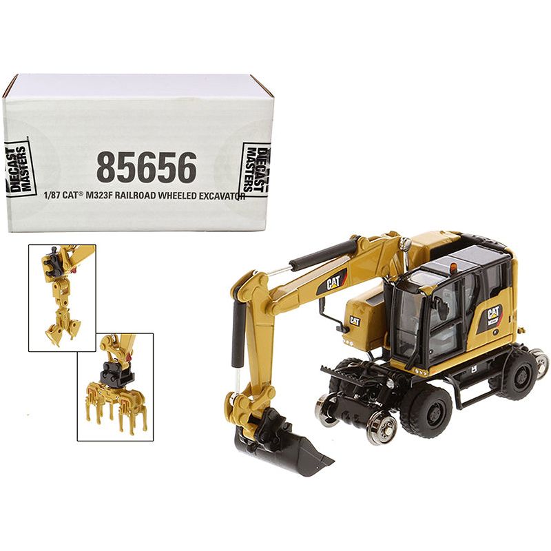 CAT Caterpillar M323F Railroad Wheeled Excavator with 3 Accessories (CAT Yellow Version) "High Line" Series 1/87 (HO) Scale Diecast Model by Diecast Masters - Diecast Masters - ModelCars.com