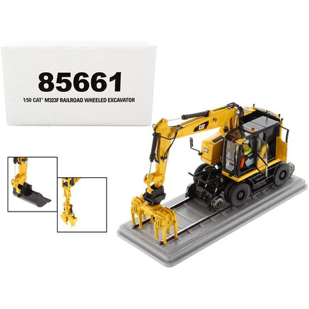 CAT Caterpillar M323F Railroad Wheeled Excavator with Operator and 3 Work Tools Safety Yellow Version "High Line Series" 1/50 Diecast Model by Diecast Masters - Diecast Masters - ModelCars.com