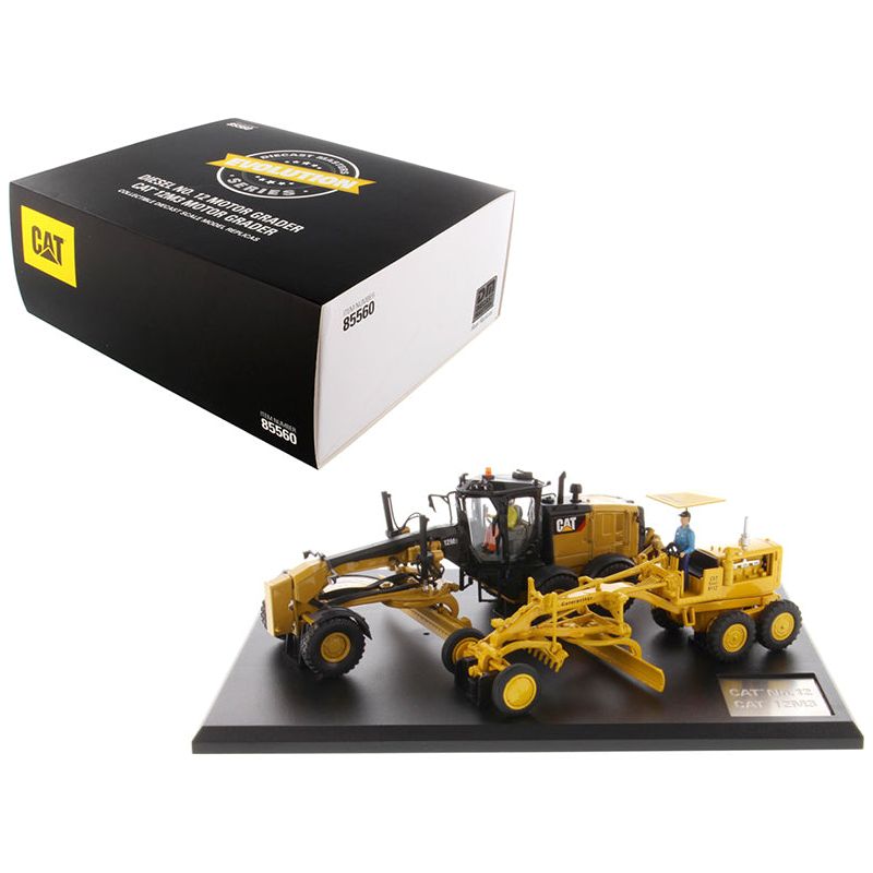 Cat Caterpillar No. 12 Motor Grader (Circa 1939 - 1959) and Cat Caterpillar 12M3 Motor Grader (Current) with Operators "Evolution Series" Set of 2 pieces 1/50 Diecast Models by Diecast Masters - Diecast Masters - ModelCars.com