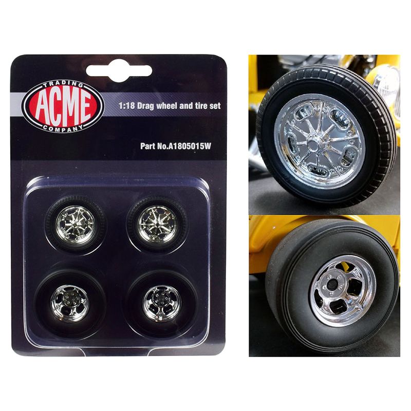 Chrome Drag Wheel and Tire Set of 4 pieces from "1932 Ford 3 Window" 1/18 by Acme - Acme - ModelCars.com