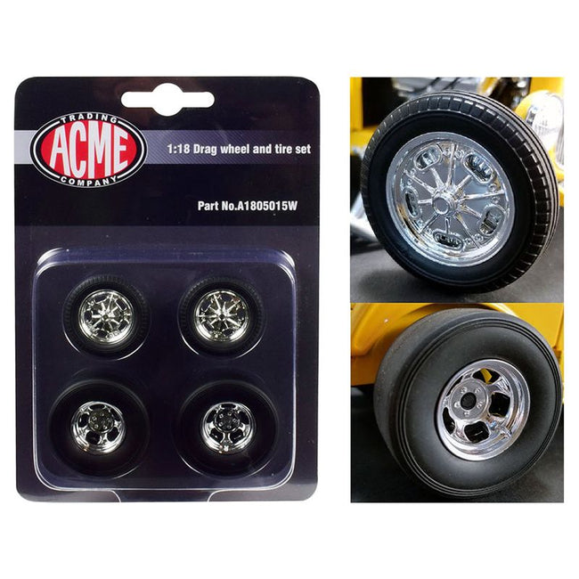 Chrome Drag Wheel and Tire Set of 4 pieces from "1932 Ford 3 Window" 1/18 by Acme - Acme - ModelCars.com