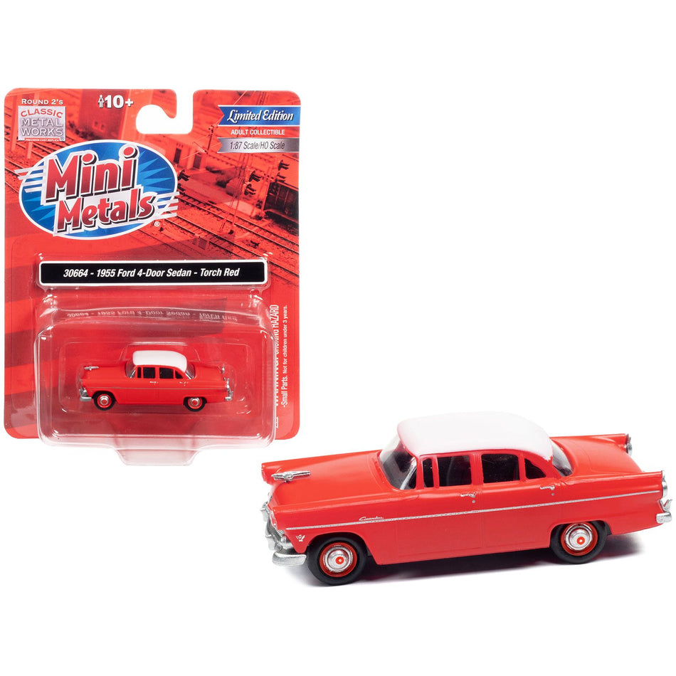 1955 Ford 4-Door Sedan Torch Red with White Top 1/87 (HO) Scale Model Car by Classic Metal Works