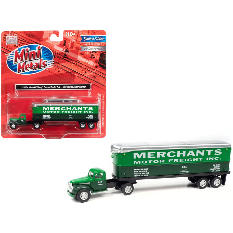 1941-1946 Chevrolet Truck and Trailer Set "Merchants Motor Freight Inc." Green and Dark Green 1/87 (HO) Scale Model by Classic Metal Works