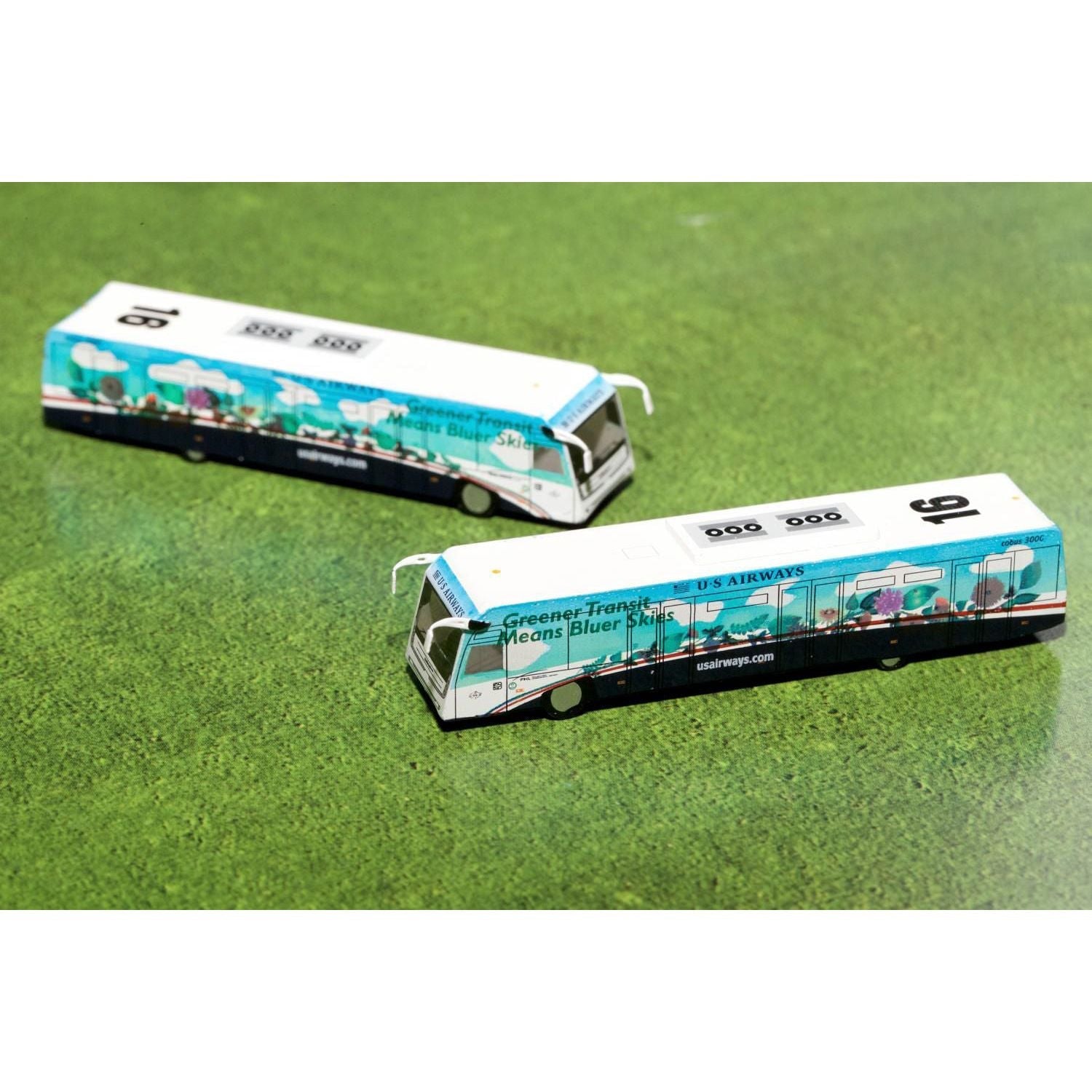 Cobus 3000 Passenger Bus White and Blue with Graphics "US Airways Shuttle Bus - Greener Transit" 2 Piece Set "Gemini 200" Series Diecast Models by GeminiJets - GeminiJets - ModelCars.com