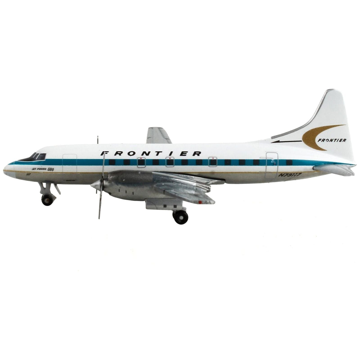 Convair CV-580 Commercial Aircraft "Frontier Airlines" White with Teal Stripes 1/400 Diecast Model Airplane by GeminiJets-GeminiJets-ModelCars.com