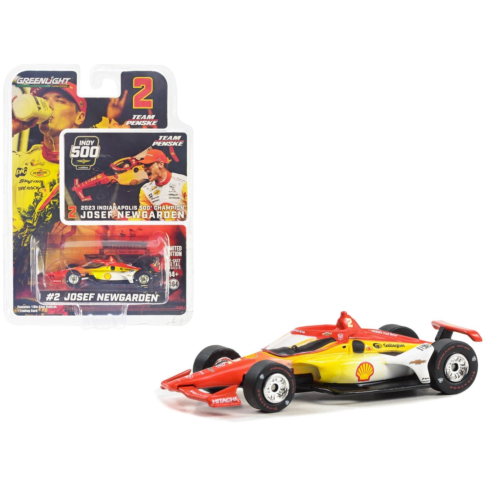 Dallara IndyCar 2 Josef Newgarden "Shell Oil" Team Penske "2023 Indianapolis 500 Champion" "NTT IndyCar Series" (2023) 1/64 Diecast Model Car by Greenlight - Greenlight - ModelCars.com