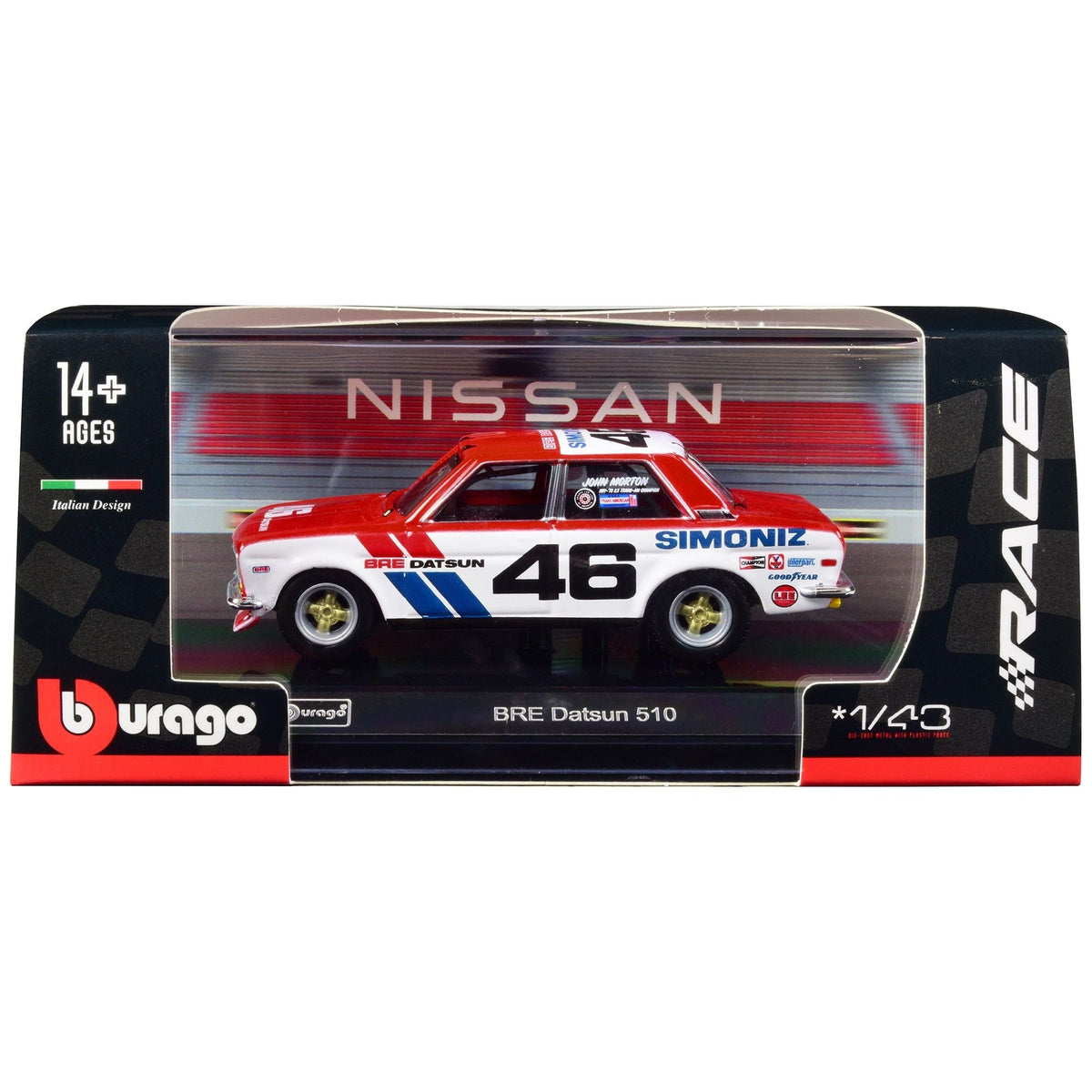 Datsun 510 46 John Morton Red and White "BRE (Brock Racing Enterprises)" "Race" Series 1/43 Diecast Model Car by Bburago-Bburago-ModelCars.com