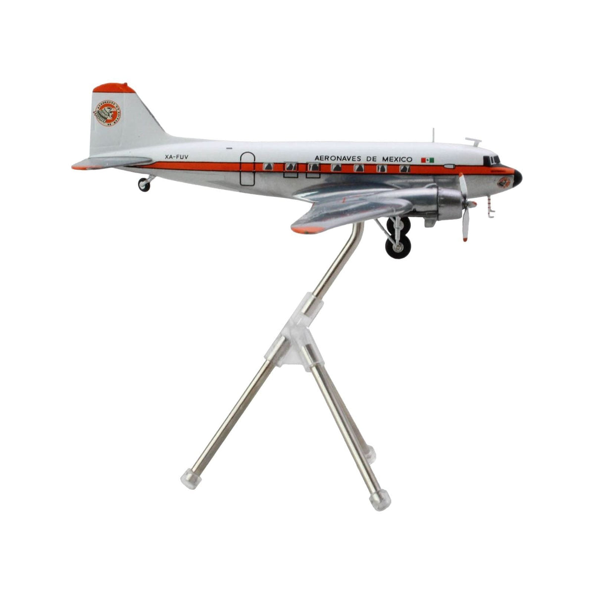 Douglas DC-3 Commercial Aircraft "Aeronaves de Mexico" (XA-FUV) White and Silver with Orange Stripes "Gemini 200" Series 1/200 Diecast Model Airplane by GeminiJets-GeminiJets-ModelCars.com