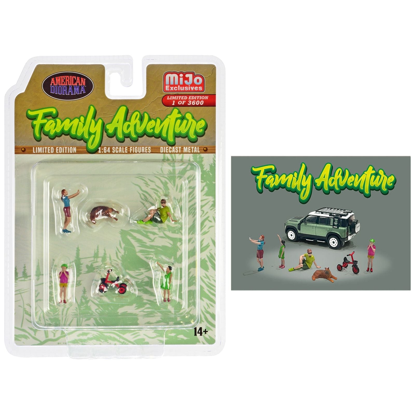 "Family Adventure" 6 piece Diecast Figure Set (4 Figures 1 Dog 1 Tricycle) Limited Edition to 3600 pieces Worldwide 1/64 Scale Models by American Diorama - American Diorama - ModelCars.com