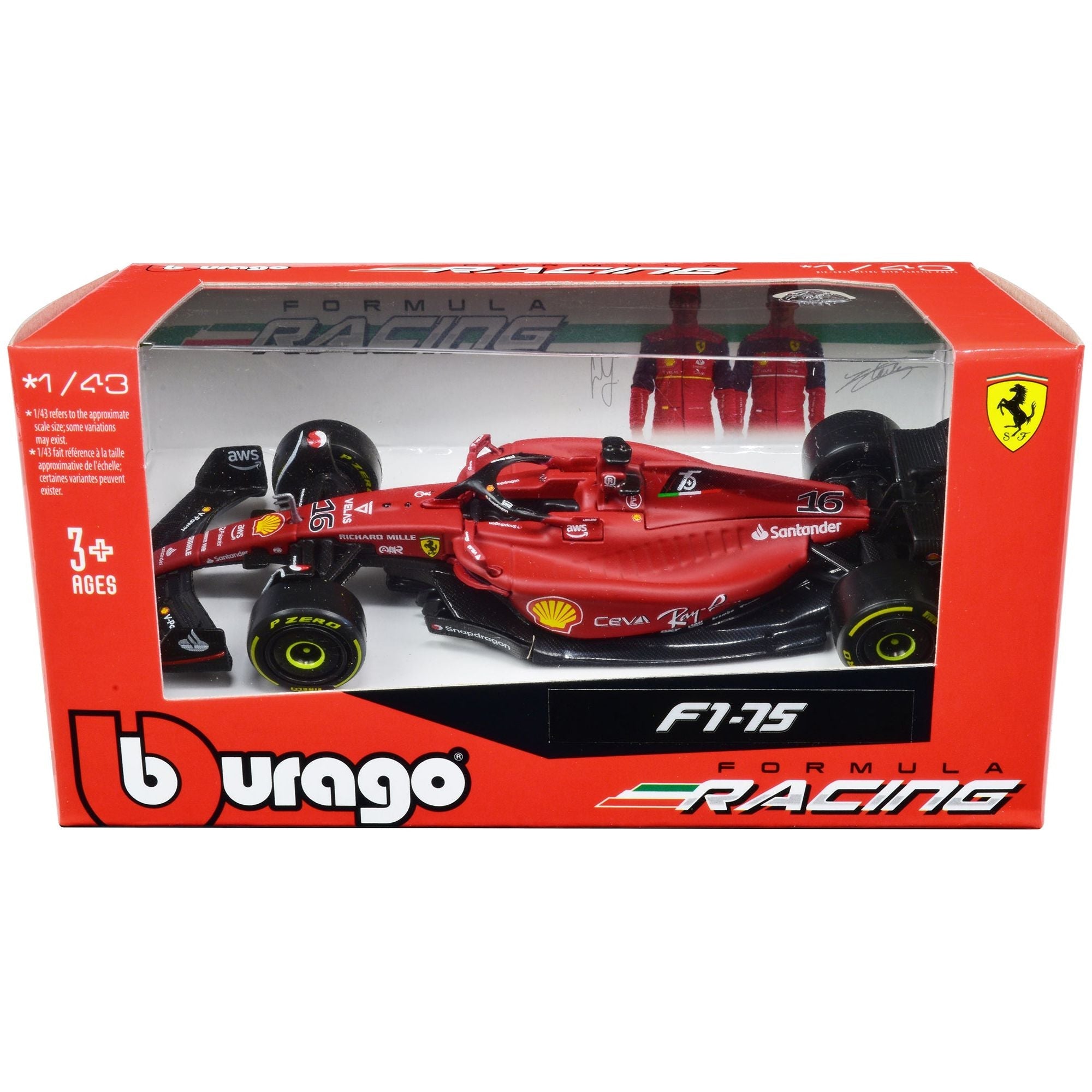 Ferrari F1 - 75 16 Charles Leclerc "Ferrari Racing" Formula One F1 World Championship (2022) "Formula Racing" Series 1/43 Diecast Model Car by Bburago - Bburago - ModelCars.com