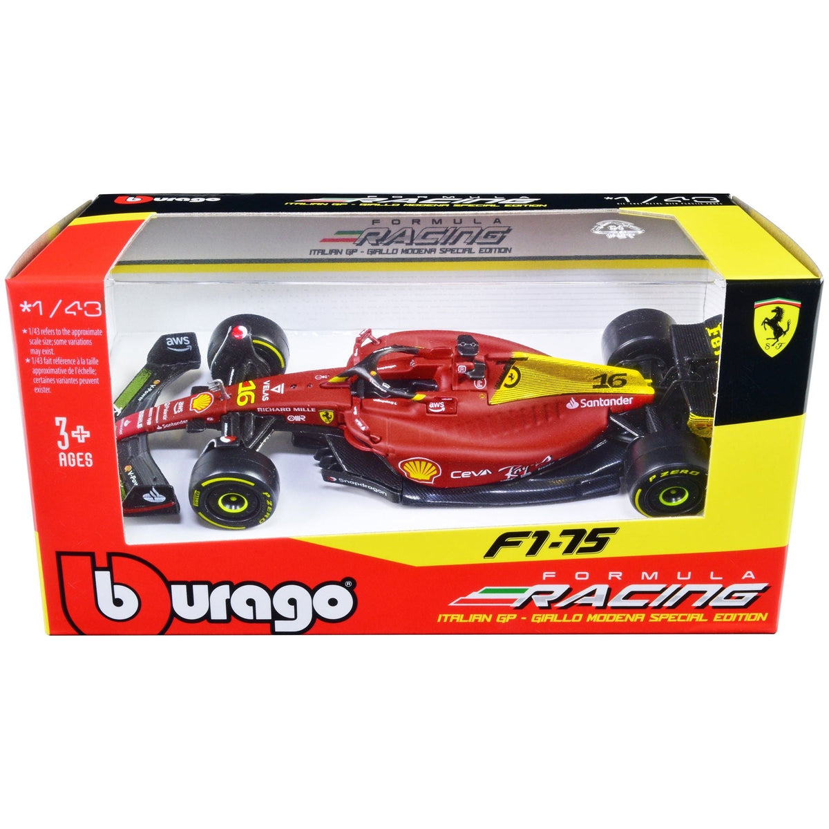 Ferrari F1-75 16 Charles Leclerc "Giallo Modena" 2nd Place Formula One F1 Italian GP (2022) "Formula Racing" Series 1/43 Diecast Model Car by Bburago-Bburago-ModelCars.com