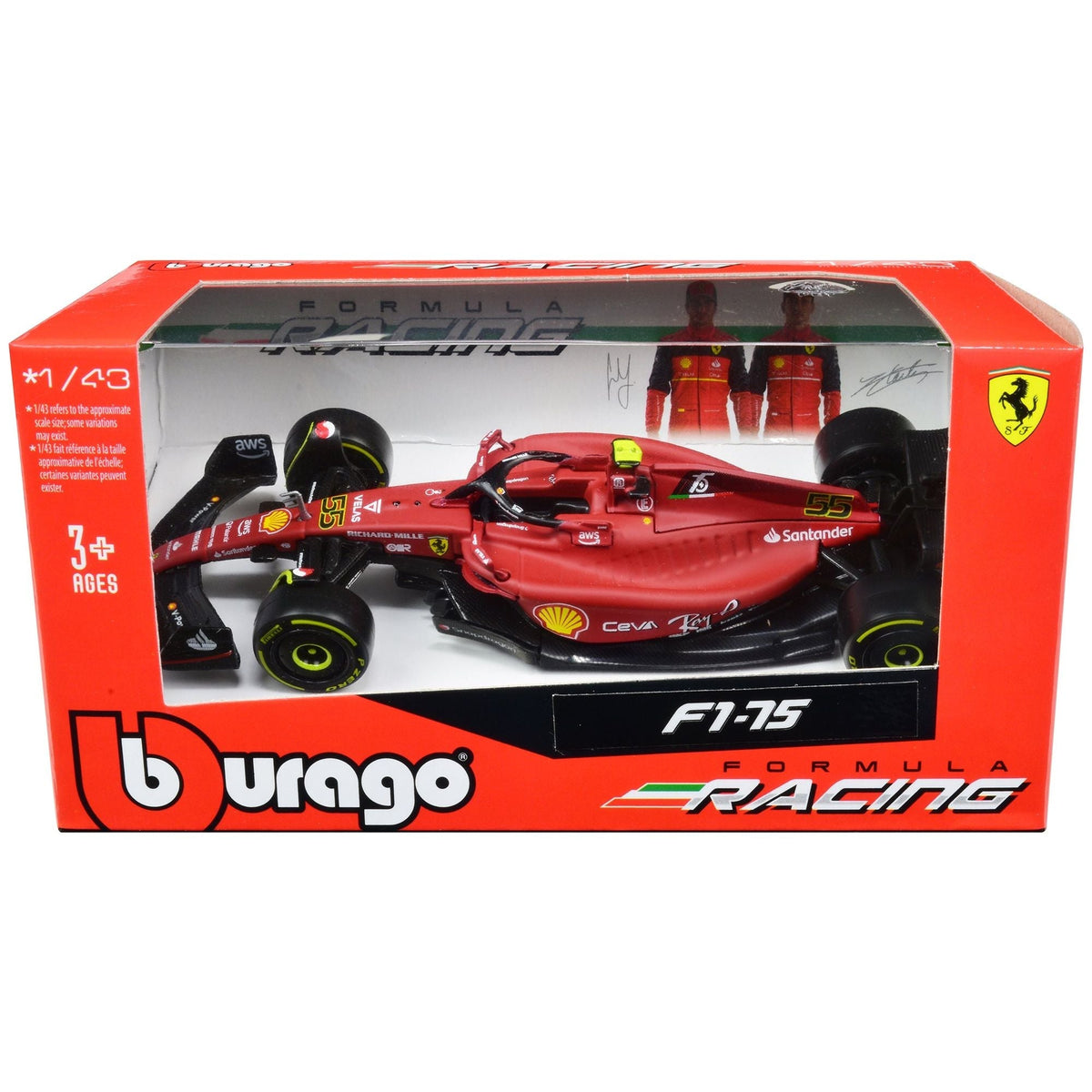 Ferrari F1-75 55 Carlos Sainz "Ferrari Racing" Formula One F1 World Championship (2022) "Formula Racing" Series 1/43 Diecast Model Car by Bburago-Bburago-ModelCars.com
