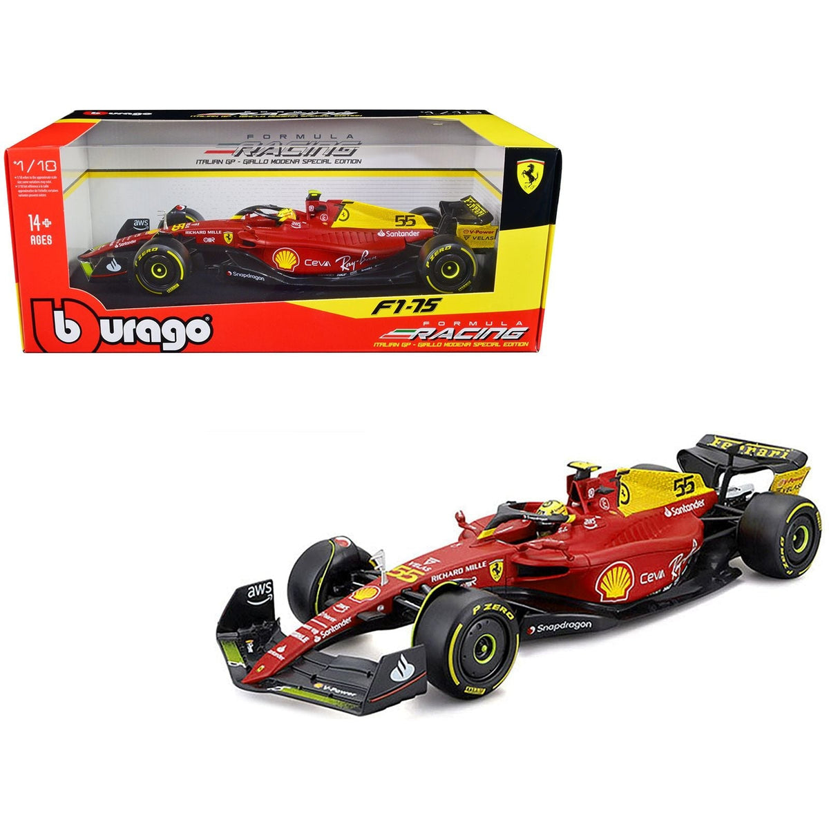 Ferrari F1-75 55 Carlos Sainz "Giallo Modena" Formula One F1 Italian GP (2022) "Formula Racing" Series 1/18 Diecast Model Car by Bburago-Bburago-ModelCars.com