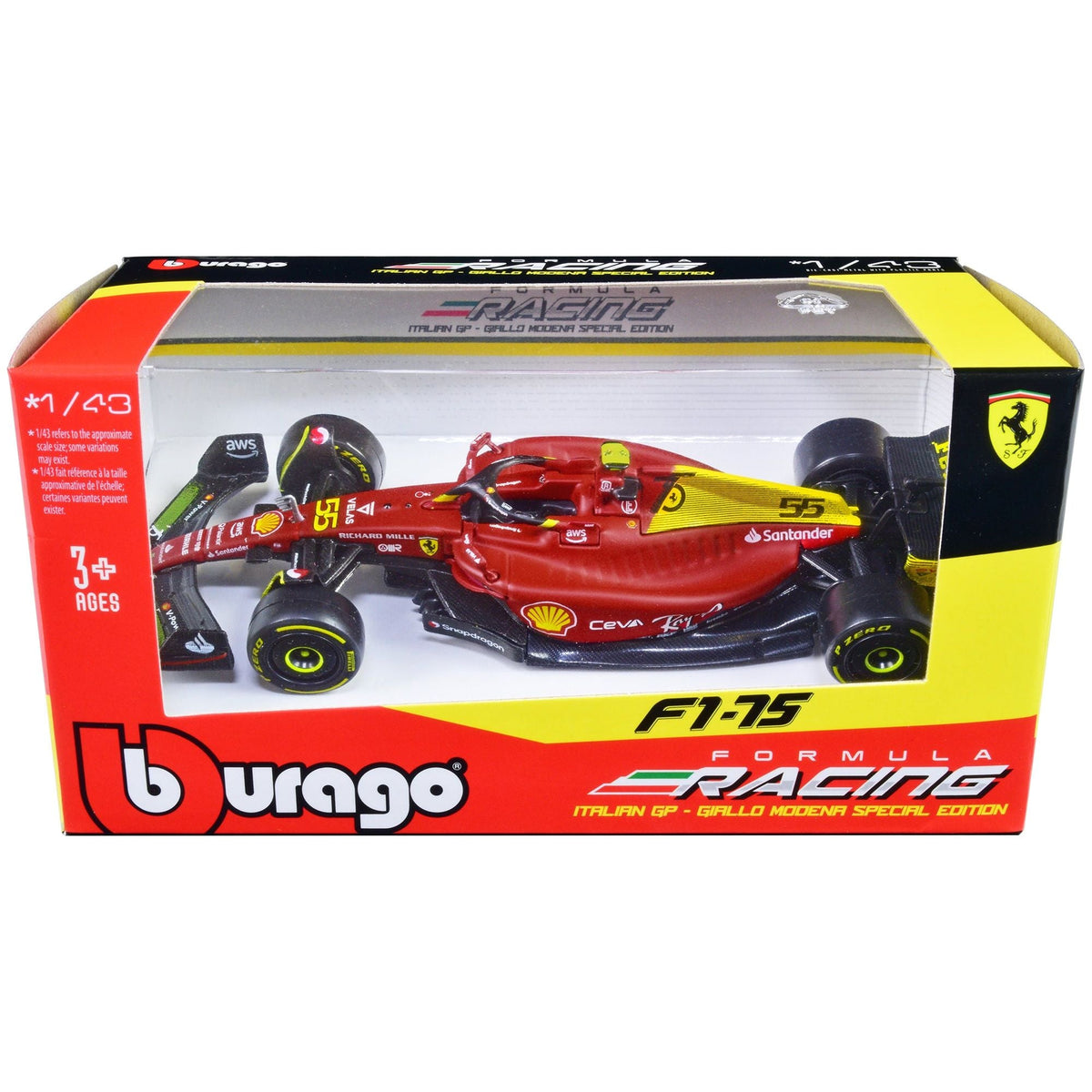 Ferrari F1 - 75 55 Carlos Sainz "Giallo Modena" Formula One F1 Italian GP (2022) "Formula Racing" Series 1/43 Diecast Model Car by Bburago - Bburago - ModelCars.com