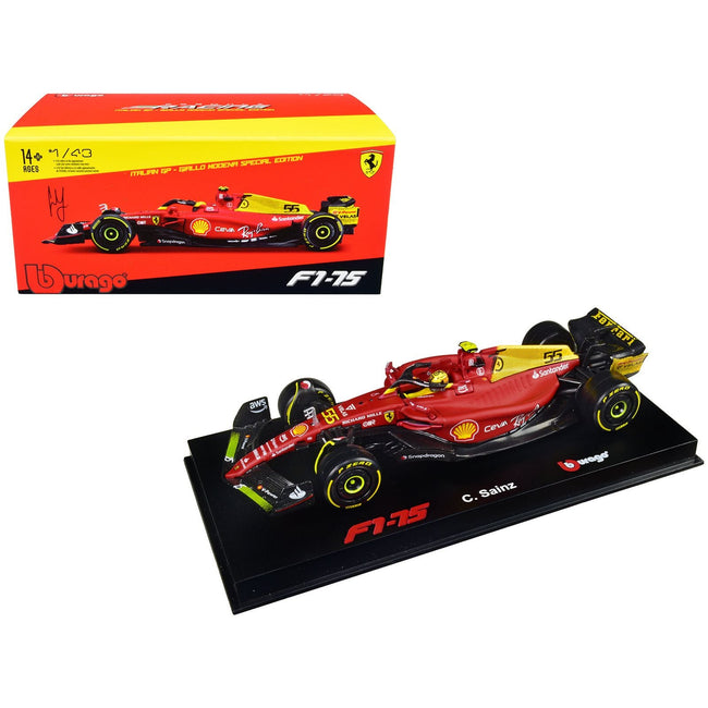 Ferrari F1 - 75 55 Carlos Sainz "Giallo Modena" Formula One F1 Italian GP (2022) "Formula Racing" Series with Display Case 1/43 Diecast Model Car by Bburago - Bburago - ModelCars.com