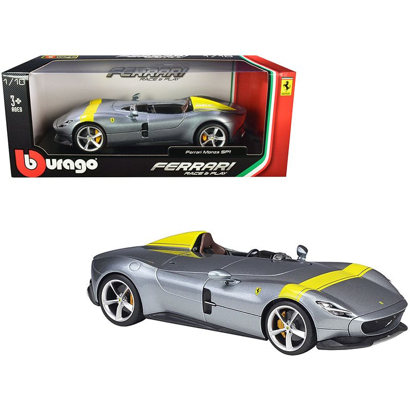 Ferrari Monza SP1 Silver Metallic with Yellow Stripes 1/18 Diecast Model Car by Bburago - Bburago - ModelCars.com
