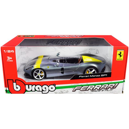 Ferrari Monza SP1 Silver Metallic with Yellow Stripes 1/24 Diecast Model Car by Bburago-Bburago-ModelCars.com