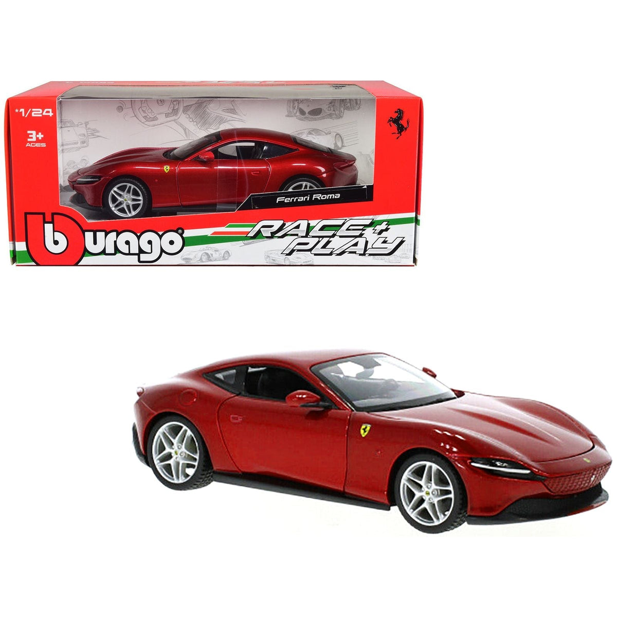Ferrari Roma Red Metallic "Race + Play" Series 1/24 Diecast Model Car by Bburago-Bburago-ModelCars.com