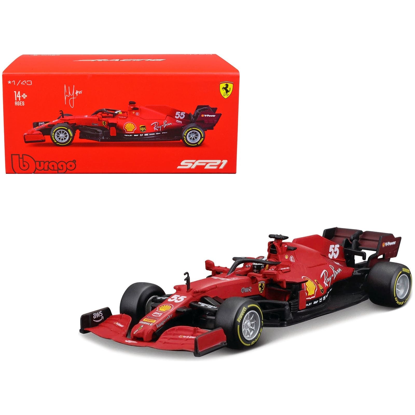 Ferrari SF21 55 Carlos Sainz Formula One F1 World Championship (2021) "Formula Racing" Series 1/43 Diecast Model Car by Bburago - Bburago - ModelCars.com