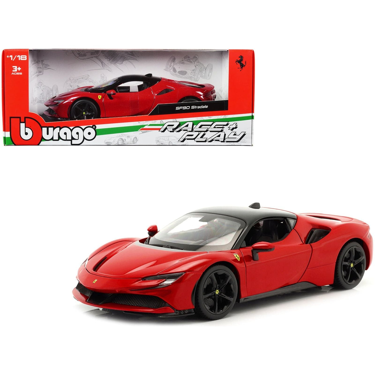 Ferrari SF90 Stradale Red with Black Top "Race + Play" Series 1/18 Diecast Model Car by Bburago-Bburago-ModelCars.com