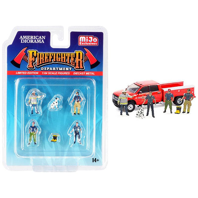 "Firefighter II" 6 piece Diecast Set (4 Figurines 1 Dog and 1 Accessory) for 1/64 Scale Models by American Diorama - American Diorama - ModelCars.com