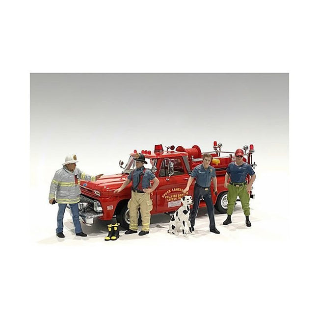 "Firefighters" 6 piece Figure Set (4 Males 1 Dog 1 Accessory) for 1/24 Scale Models by American Diorama-American Diorama-ModelCars.com